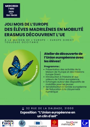 Affiche Des élèves d'un lycée madrilène en mobilité Erasmus découvrent la Maison de l'Europe - Europe Direct Toulouse Occitanie (31)